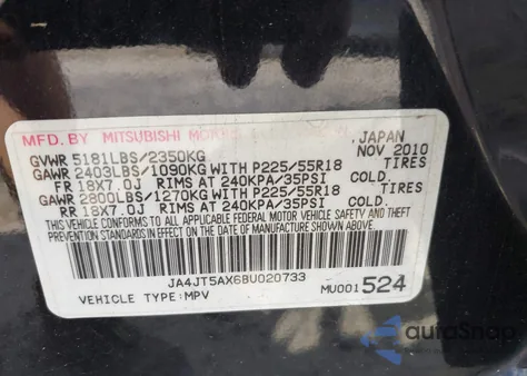 2011 Mitsubishi Outlander Gt from USA, damaged, VIN JA4JT5AX6BU020733